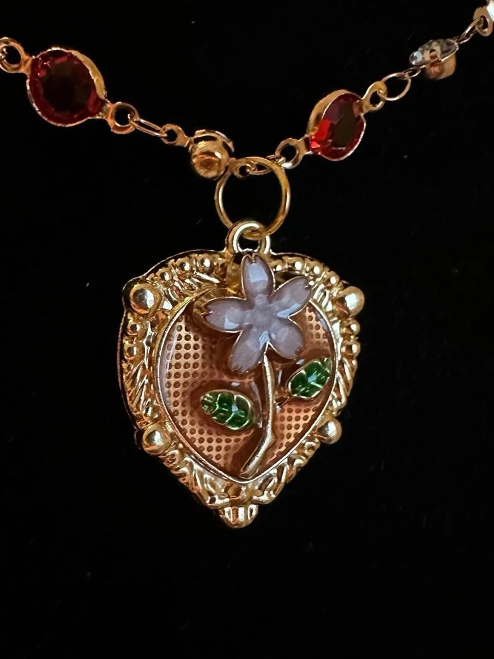 Self made 18K gold plated chain, vintage flower oil painting necklace.